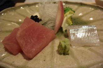 Sashimi course- makajiki (broadbill swordfish) and sayori (halfbeak fish)