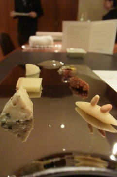 Cheese plate- vezelay with gewurztraminer jelly, tomme de savoie with tartar of figs, valdeon with marzipan.