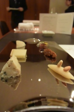Cheese plate- vezelay with gewurztraminer jelly, tomme de savoie with tartar of figs, valdeon with marzipan.