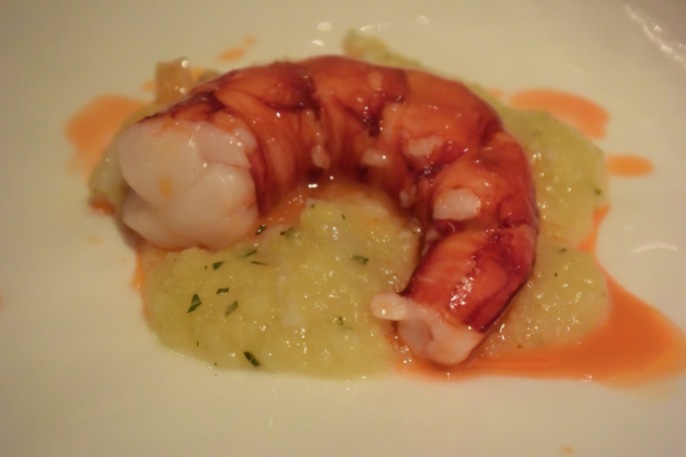 Algarve's scarlet shrimp two ways: With xerém (maize porridge) of cod's swim bladder and Hart's pennyroal