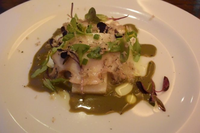 Abalone with mushrooms atop polenta and a new onion puree with abalone liver sauce.