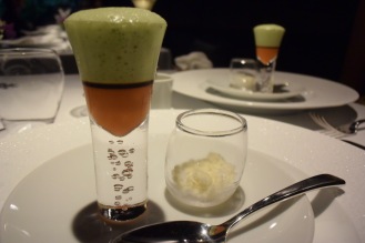 The first course is called "Hello." Kegani crab, red pepper with a fennel foam / kabosu & sake frozen with liquid nitrogen.
