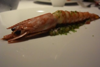 "South Wind" - Kuruma ebi shrimp poached in the sour cream's whey, cucumber and yuzu vinagrette, honkarebushi reduction