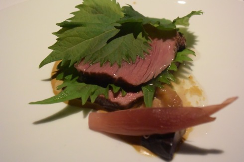 "Through the forest / memory of hunting" - Summer venison roast and mussel sauce, myoga, eggplant, shiso, rhubarb